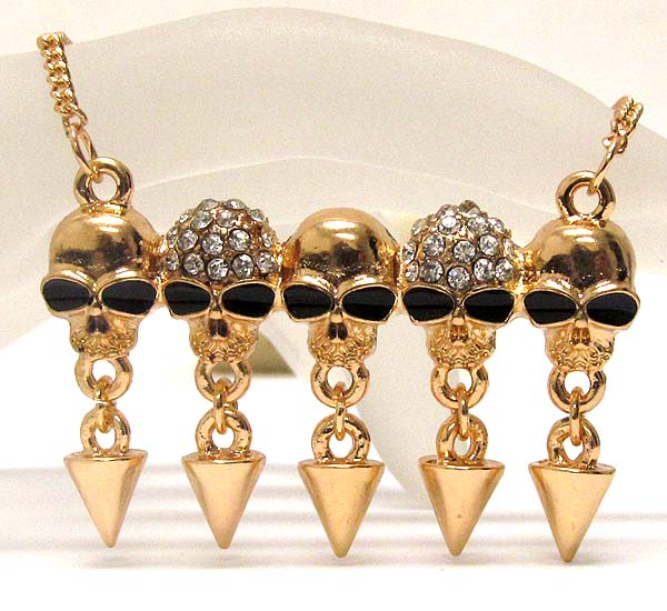 Crystal and metal sukll pattern drop dangle spikes drop chain necklace