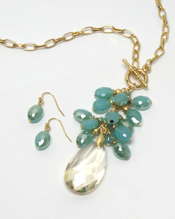 All facet glass teardrop pendant long necklace set