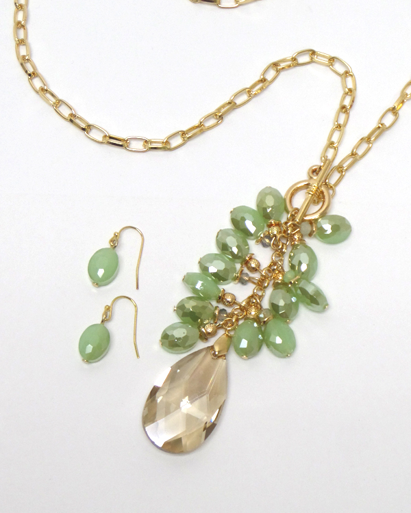 All facet glass teardrop pendant long necklace set