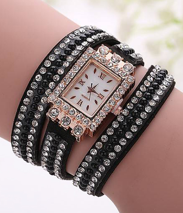 Crystal stud leather band wrist wrap fashion watch