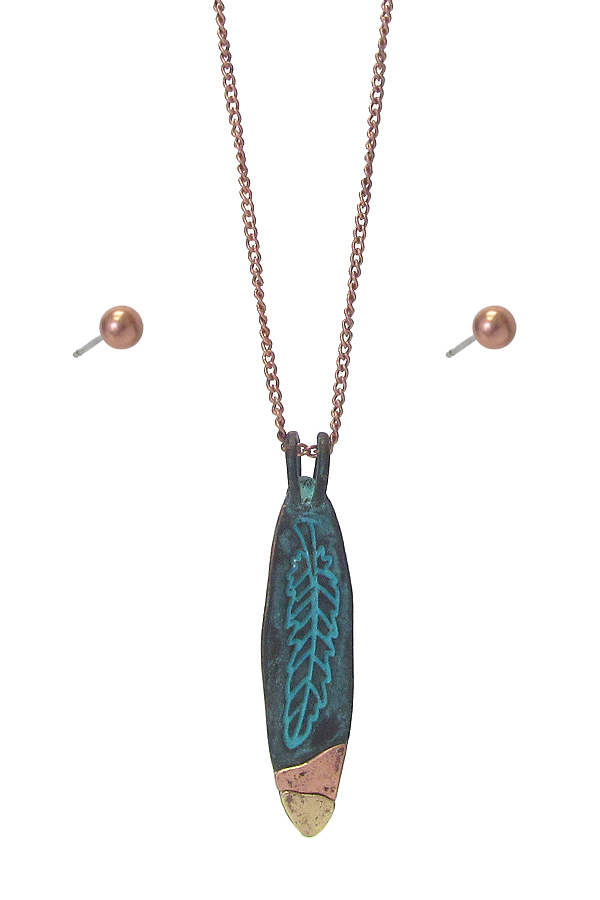 FEATHER METAL BAR PENDANT NECKLACE SET