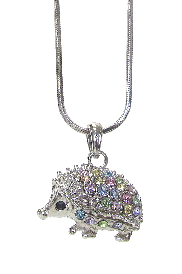 WHITEGOLD PLATING CRYSTAL HEDGEHOG PENDANT NECKLACE