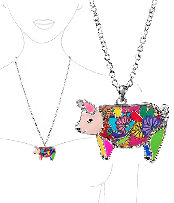 FARM THEME PAINT ART EPOXY PENDANT NECKLACE - PIG