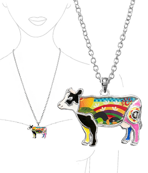 FARM THEME PAINT ART EPOXY PENDANT NECKLACE - COW