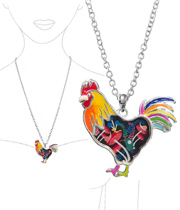 FARM THEME PAINT ART EPOXY PENDANT NECKLACE - ROOSTER