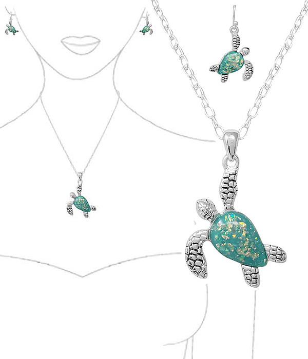 Sealife theme opal pendant necklace set - turtle