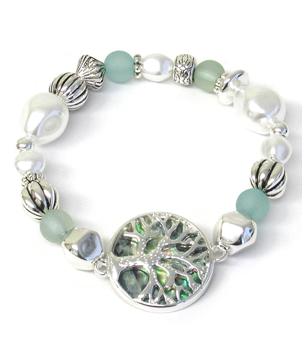 Religious inspiration abalone multi mix bead stretch bracelet - tree of life