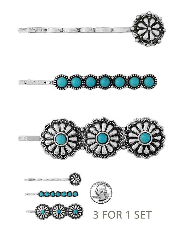 WESTERN THEME TURQUOISE 3 HAIR PIN SET