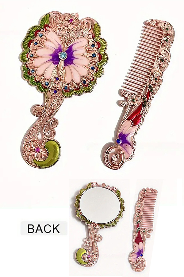 Peacock pattern makeup mirror and stainless steel comb set