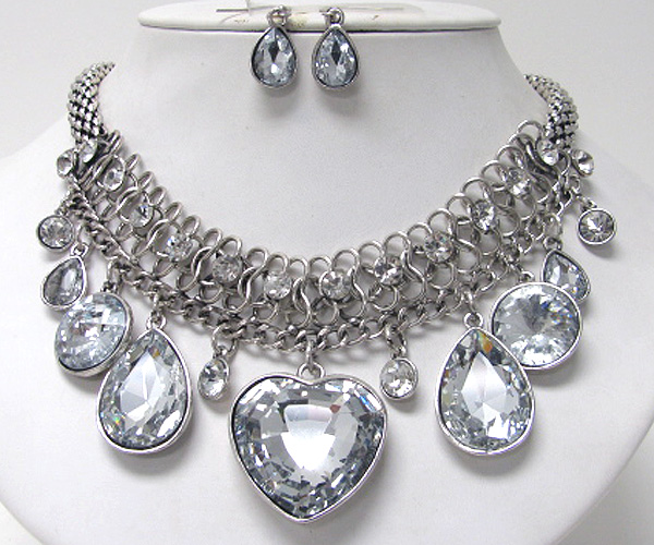 Multi large glass drop net chain necklace earring set