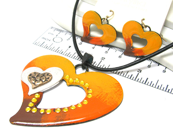 Crystal large metal heart colorful fashion drop cord necklace earring set