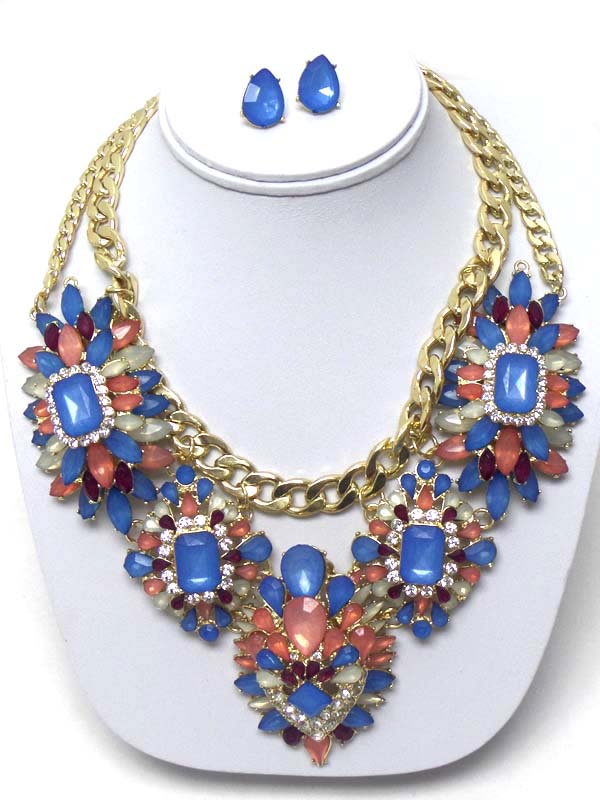 Luxury line multi crystal deco flower link boutique style necklace earring set