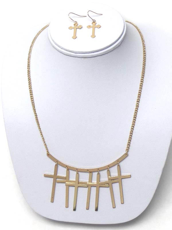 Multi cross charm dangle on bar necklace earring set