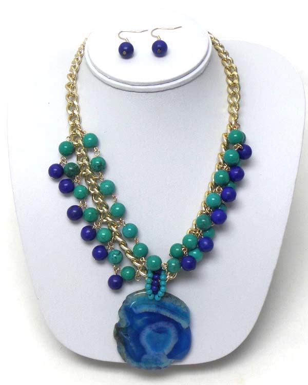 Semi precious agate pendant and ball bead dangle chain necklace earring set