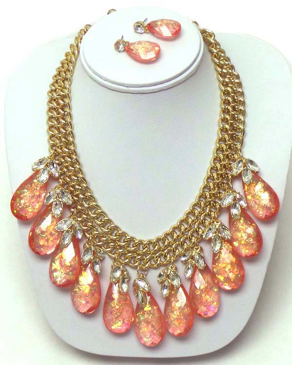 Luxury line multi crystal and abalone finish teardrop and double chain boutique style necklace earring set