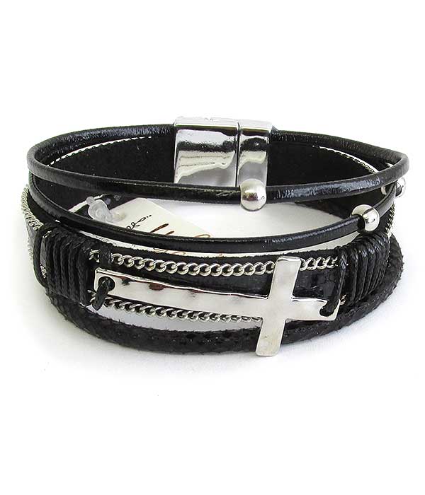 Multi layer leatherette magnetic bracelet - cross