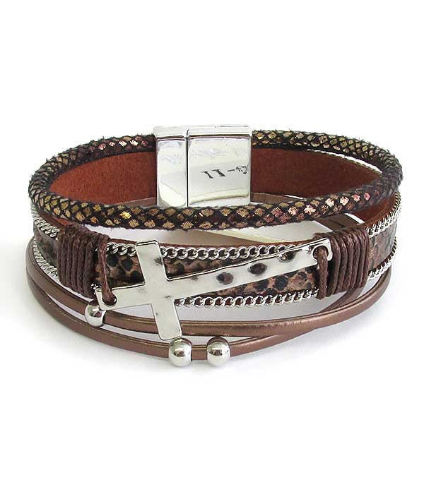 Multi layer leatherette magnetic bracelet - cross