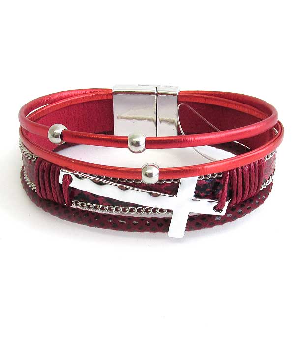 MULTI LAYER LEATHERETTE MAGNETIC BRACELET - CROSS