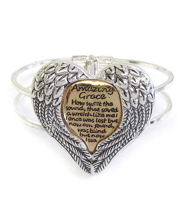 RELIGIOUS INSPIRATION MESSAGE ANGEL WING BANGLE BRACELET - AMAZING GRACE