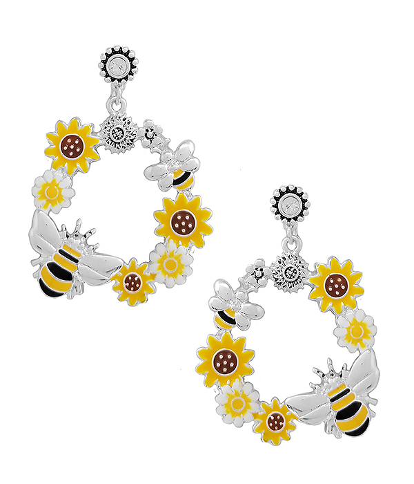 GARDEN THEME EPOXY BEE AND FLOWER EARRING