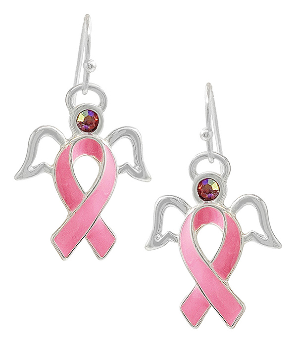 BREAST CANCER THEME PINK RIBBON AND ANGEL WING EARRING