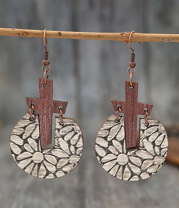 Wood cross and flower pattern disc dangle earring