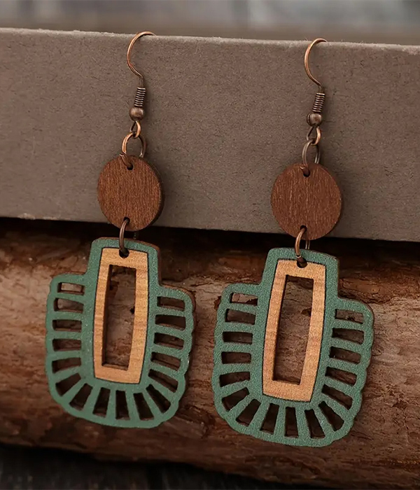 Wood geometric hollow dangle earring