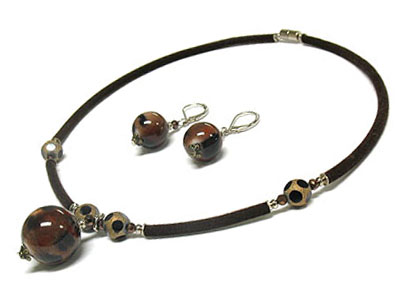 Glass deco suede simple wire necklace with magnet clasp and earring set