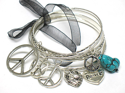 Peace theme multi bangle with ribbon tied