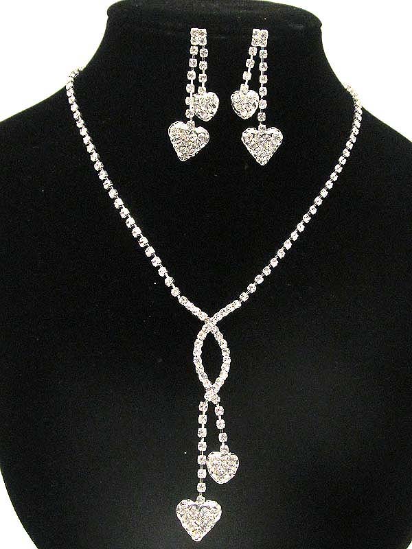 Multi rhinestone with two heart pattern twist line party necklace earring set