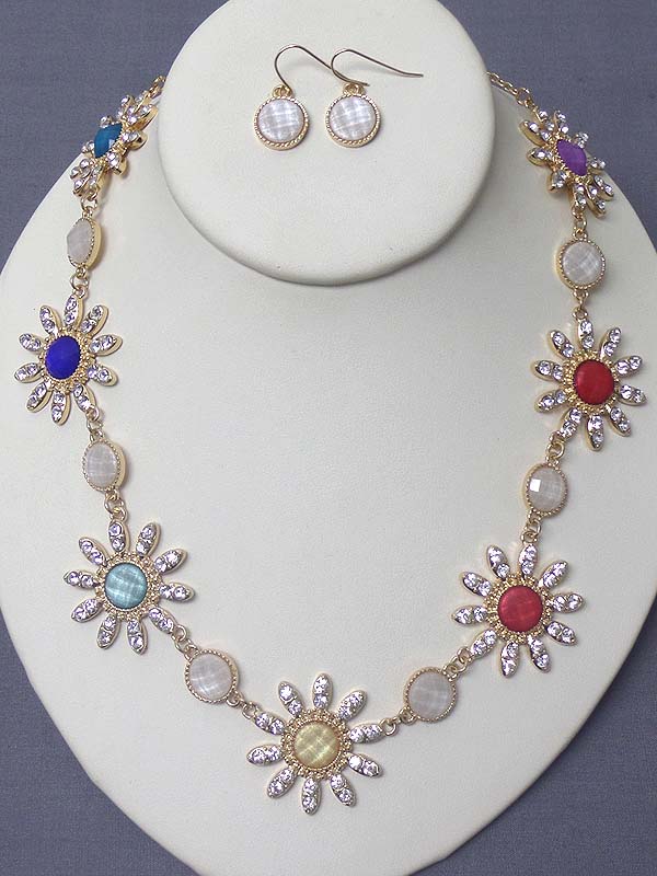 Multi crystal flower link necklace earring set