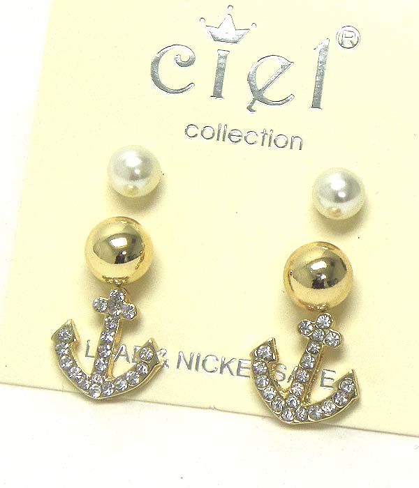 Crystal anchor and pearl earring set of 3