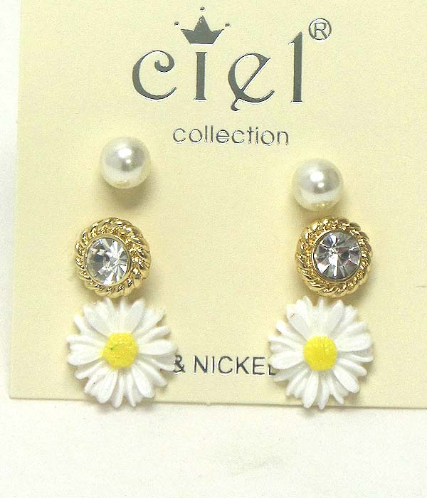 Flower and crystal earring set of 3