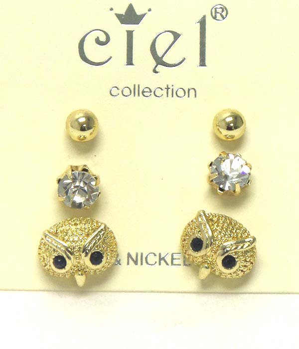 CRYSTAL AND OWL EARRING SET OF 3