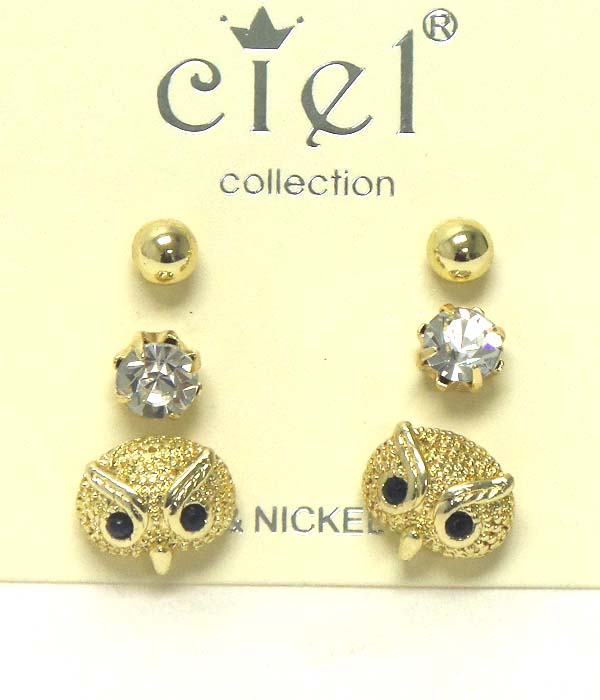 Crystal and owl earring set of 3