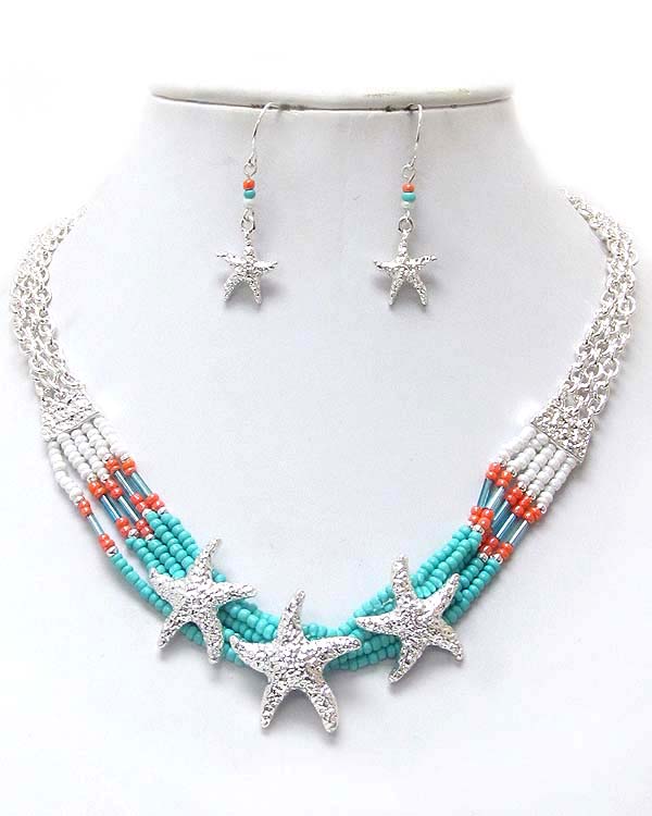 Textured starfish and seed bead multi layer chain necklace earring set