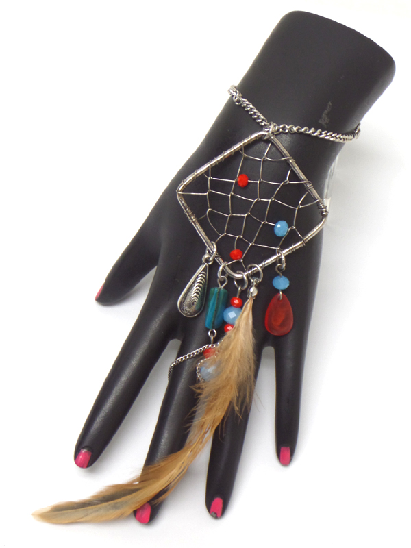 bohemian style FEATHER STONE DANGLE SLAVE RING AND BRACELET SET-HALLOWEEN
