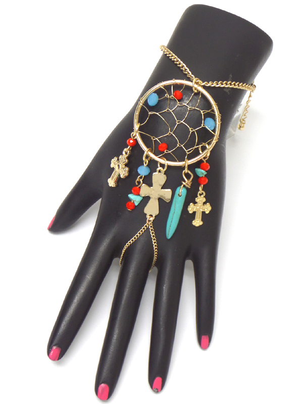 BOHO STYLE DREAM CATCHER CROSS HORN DANGLE SLAVE RING AND BRACELET SET