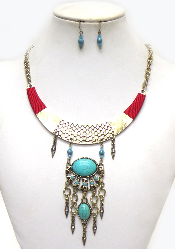 Metal bib and turquoise stone drop necklace set