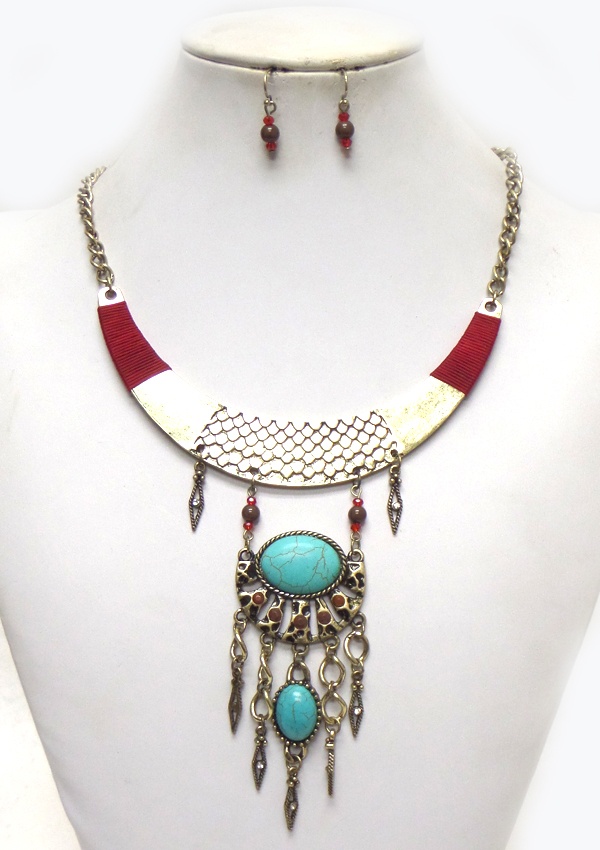 Metal bib and turquoise stone drop necklace set