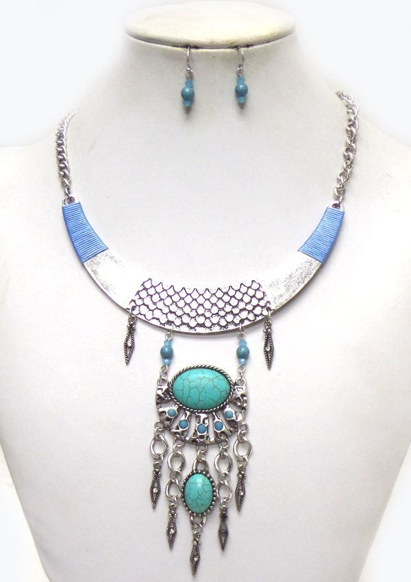 Metal bib and turquoise stone drop necklace set