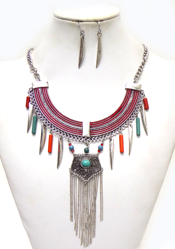 Metal bib and turquoise and mixed stone drop necklace set
