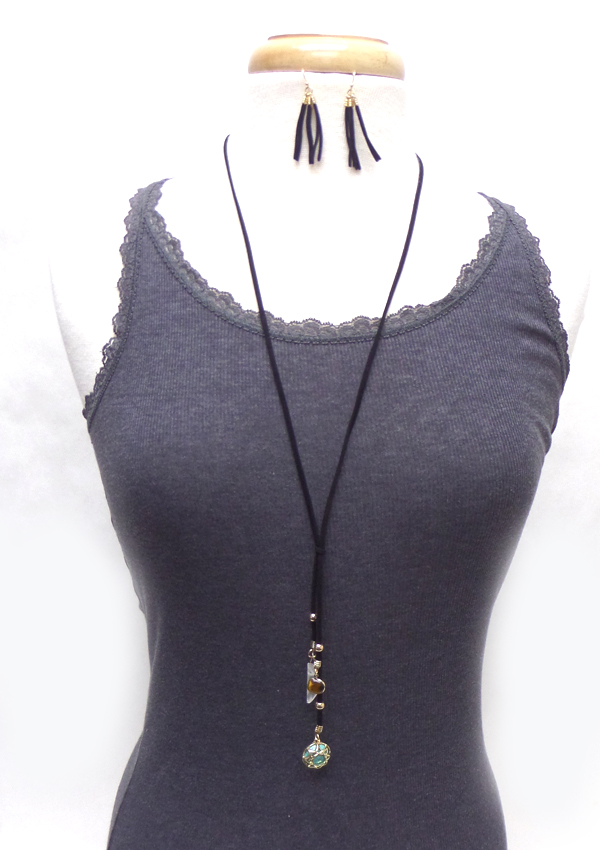 Three semi precious stone and suede long necklace set