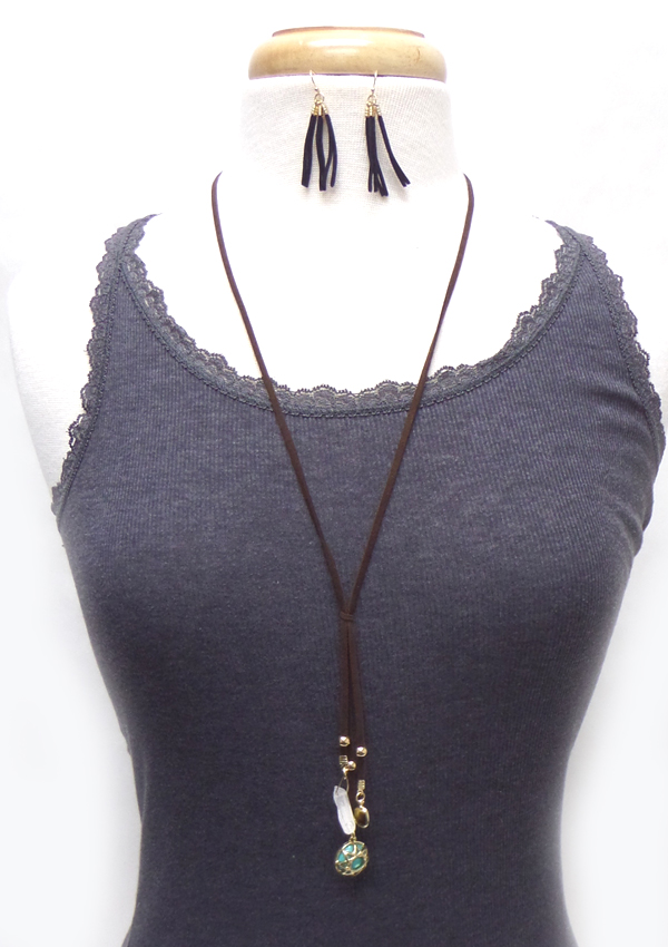 Three semi precious stone and suede long necklace set