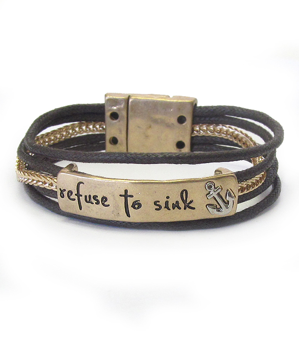 Inspiration message wax cord chain magnetic bracelet - refuse to sink