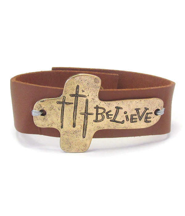 RELIGIOUS INSPIRATION CROSS AND LEATHERETTE BAND BRACELET - BELIEVE
