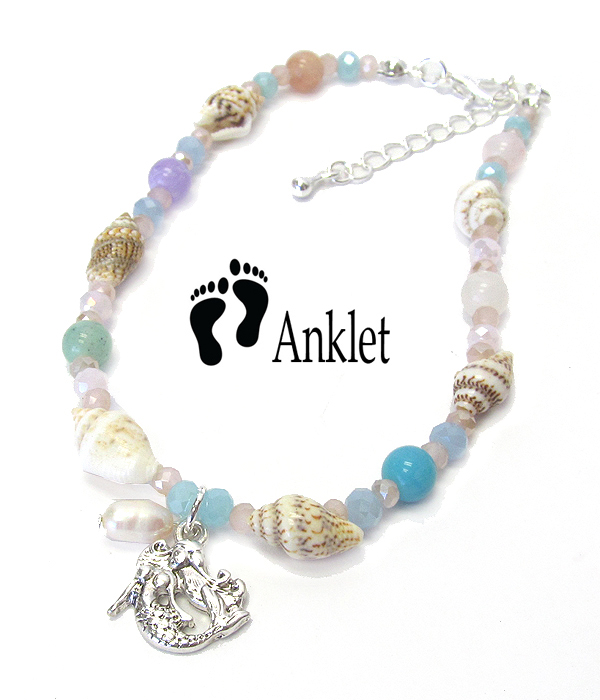 SEALIFE THEME MULTI BEAD AND SHELL ANKLET - MERMAID