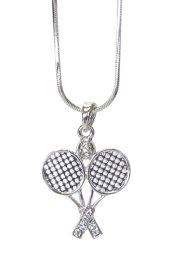 WHITEGOLD PLATING CRYSTAL TENNIS RACKET PENDANT NECKLACE