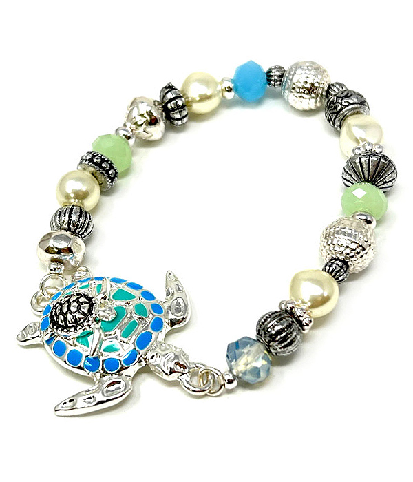 SEALIFE THEME MIX BEAD STRETCH BRACELET - TURTLE