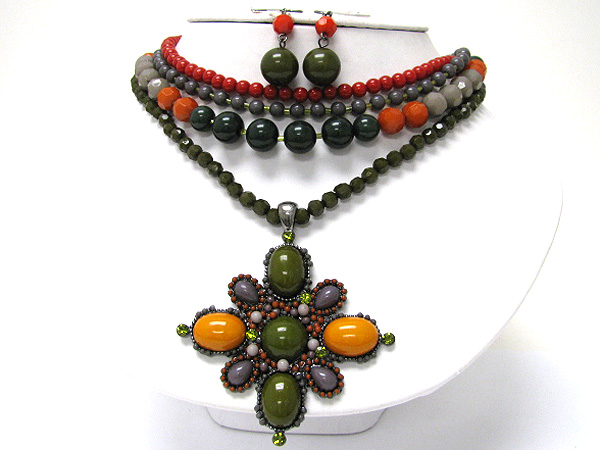 BOUTIQUE STYLE STONE AND BEADS ART DECO MULTI STRAND NECKLACE EARRING SET